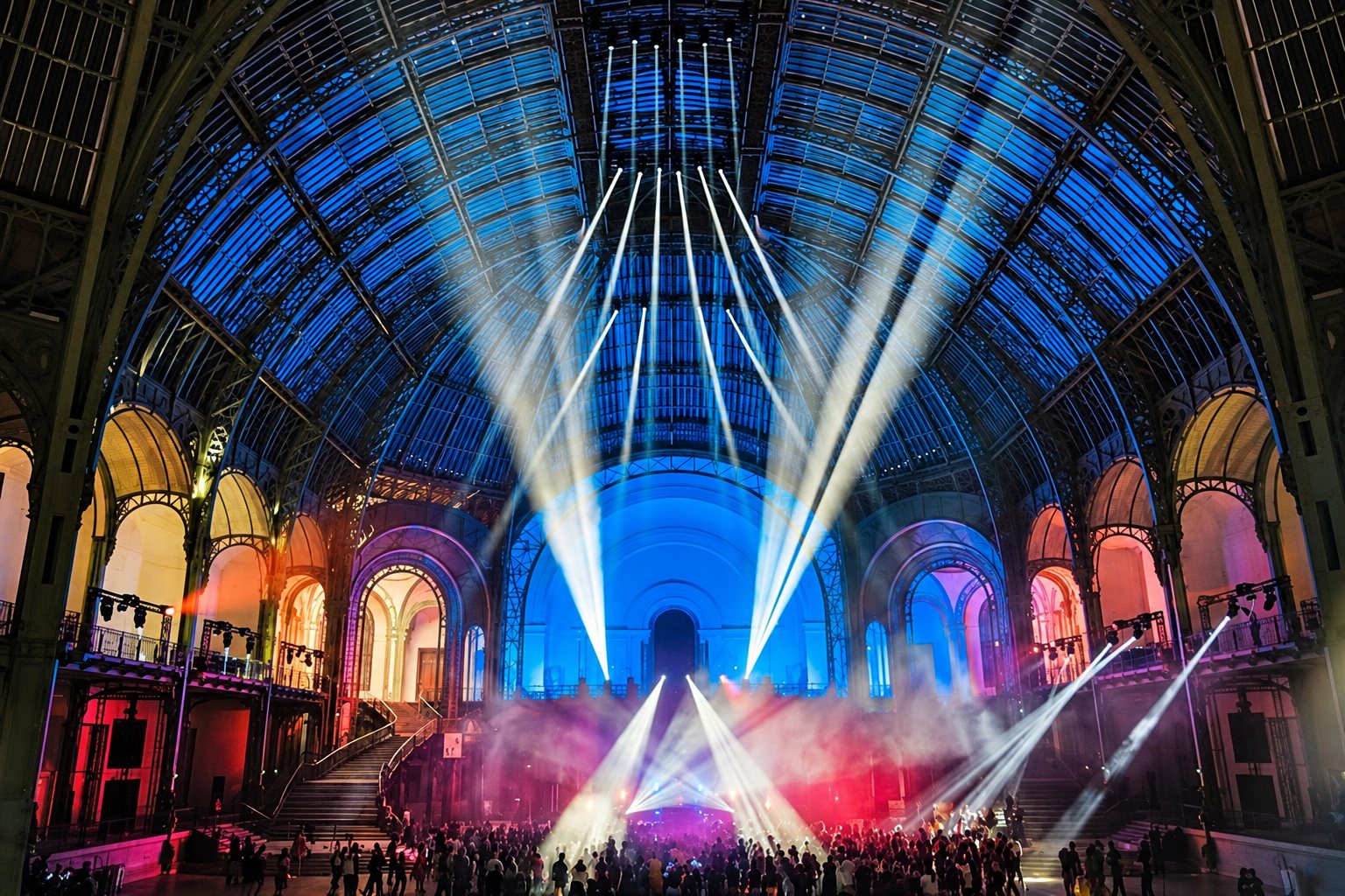 Des faisceaux de lumière blanche traversent la fumée sous une immense verrière bleutée, au-dessus d'une foule rassemblée pour un événement.