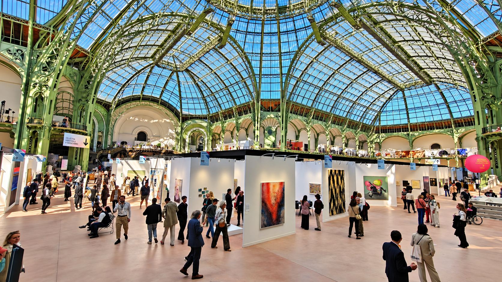 Des visiteurs parcourent les stands d'une foire d'art contemporain installée sous une immense verrière métallique verte.