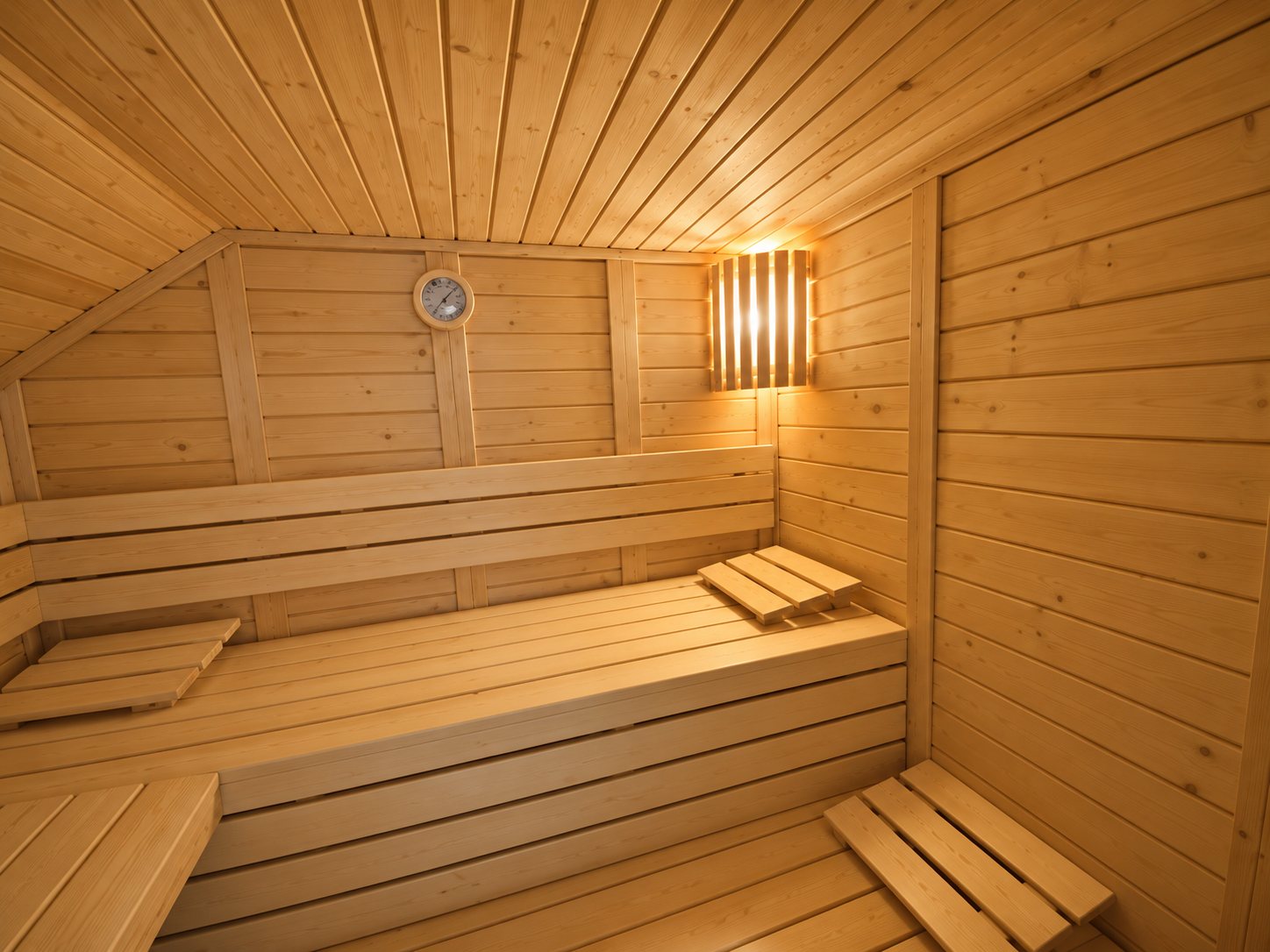 Intérieur d'un sauna en lambris de bois clair avec plusieurs niveaux de banquettes et une applique lumineuse au mur.