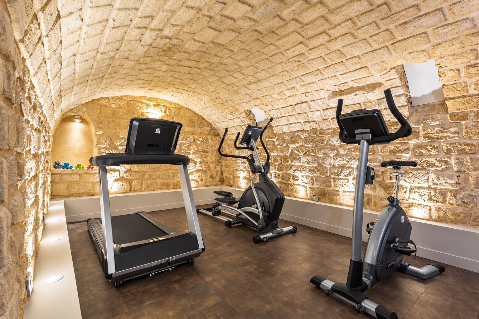 Salle de fitness sous une voûte en pierres apparentes équipée d'un tapis de course, d'un vélo elliptique et d'un vélo d'appartement.