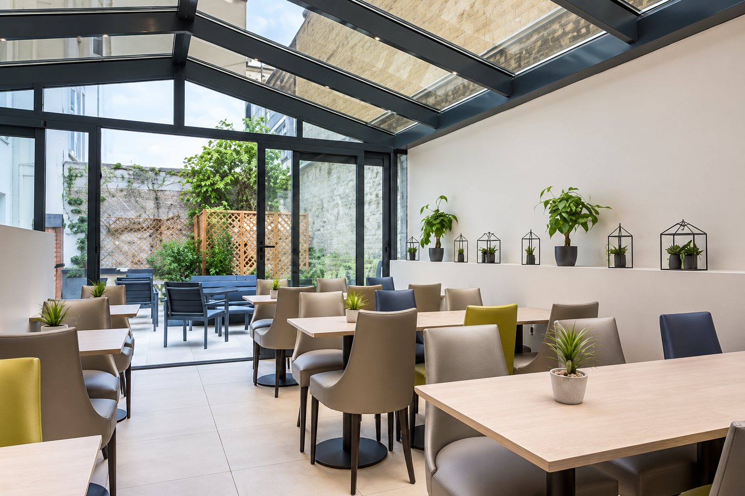 Intérieur lumineux sous une verrière avec des tables en bois, des fauteuils gris et jaunes et des plantes vertes décoratives, ouvert sur une terrasse.