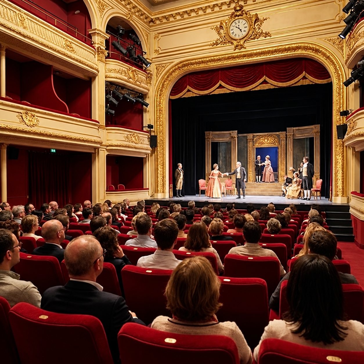 Des comédiens en costumes d'époque jouent sur la scène d'un théâtre à l'italienne aux balcons dorés et rouges, devant un public installé dans des fauteuils en velours rouge.